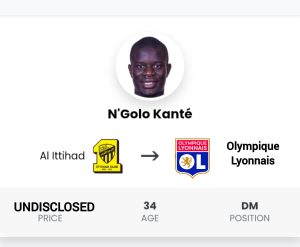 FCLyon N'Golo Kante Transfert Nouvelles
